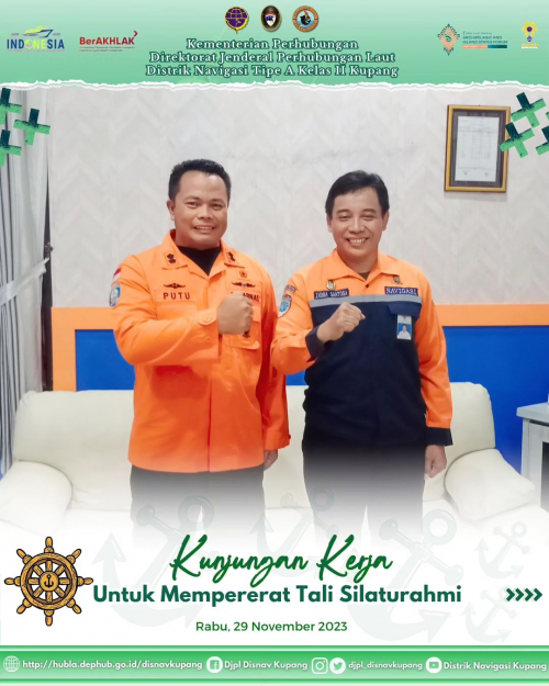 Kepala Distrik Navigasi Tipe A Kelas II Kupang Bapak Indra Santosa, S.E., M.M.Tr. mendapatkan kunjungan dari Kepala SAR Kupang Bapak I Putu Sudayana, S.E., M.A.P. sebagai wujud mempererat tali silaturahmi dalam menjaga kekompakan dan kerjasama.