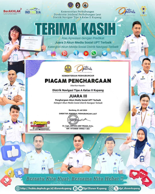 Team (SMRT) Kantor Distrik Navigasi Tipe A Kelas II Kupang atas Penghargaan dengan Predikat Juara 3 Akun Media Sosial UPT Terbaik Kategori Akun Media Sosial Distrik Navigasi Terbaik