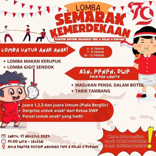 Semarak Kemerdekaan Indonesia yang ke-79 Kantor Distrik Navigasi Tipe A Kelas II Kupang akan menyelenggarakan lomba untuk anak-anak, ASN, DWP dan PPNPN di lingkungan Kantor Distrik Navigasi dengan bermacam hadiah yang menarik dan tentunya terdapat doorprize bagi peserta.