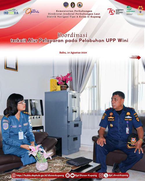 kunjungan dalam rangka Koordinasi terkait Alur Pelayaran pada Pelabuhan UPP Wini, koordinasi bersama Kasubbag Tata Usaha Ibu Yenia D. Patty, SH., M.Hum. dan Kepala UPP Wini Bapak Abdul Syukur Aklis, SE.