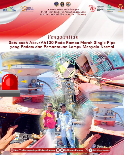 proses penggantian satu buah Accu/Ah100 pada rambu merah single pipe yang padam.