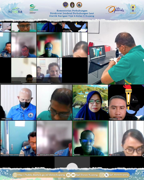 Rapat melalui media zoom terkait Evaluasi RDC dan MSI bersama para Ka.Stasiun Radio Pantai (SROP) Daerah yang dipimpin oleh Kasie Alur Pelayaran dan Telkompel Bapak Arianto Baki Boni, S.Si.