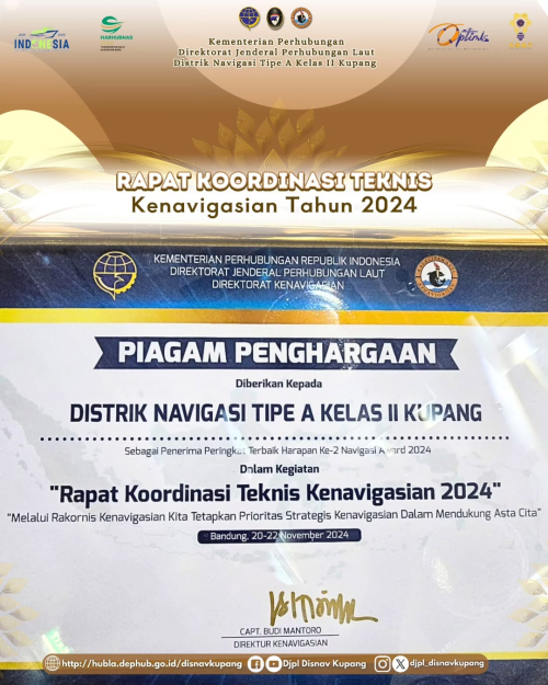Penerimaan Apresiasi dalam Koordinasi Teknis Kenavigasian Tahun 2024 dengan tema "Melalui Rakornis Kenavigasian Kita Tetapkan Prioritas Strategis Kenavigasian Dalam Mendukung Asta Cita".