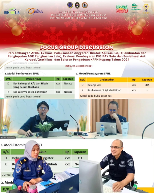 Focus Group Discussion (FGD) Perkembangan APBN, Evaluasi Pelaksanaan Anggaran, Bimtek Aplikasi Gaji (Pembuatan dan Penginputan ADK Penghasilan Lain), Evaluasi Pembayaran DIGIPAY Satu dan Sosialisasi Anti Korupsi/Gratifikasi dan Saluran Pengaduan KPPN Kupang Tahun 2024.