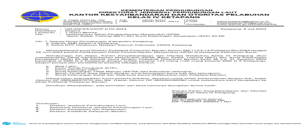 Pelaksanaan Diklat Pemberdayaan Masyarakat (DPM) Basic Safety Training (BST) Dan Surat Keterangan Kecakapan (SKK) 60 Mil