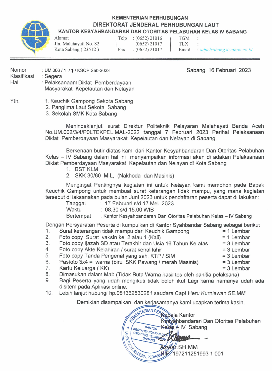 DIKLAT PEMBERDAYAAN MASYARAKAT SKK 30 & 60 MIL, BST KLM