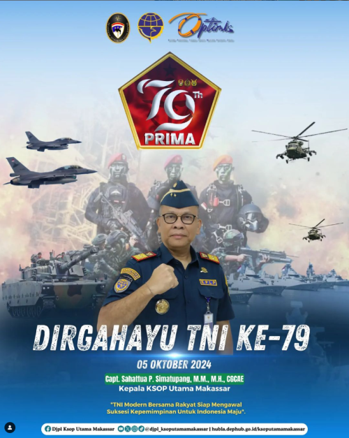 Keluarga Besar Kantor Kesyahbandaran dan Otoritas Pelabuhan Utama Makassar mengucapkan Dirgahayu TNI ke-79 Tahun 2024