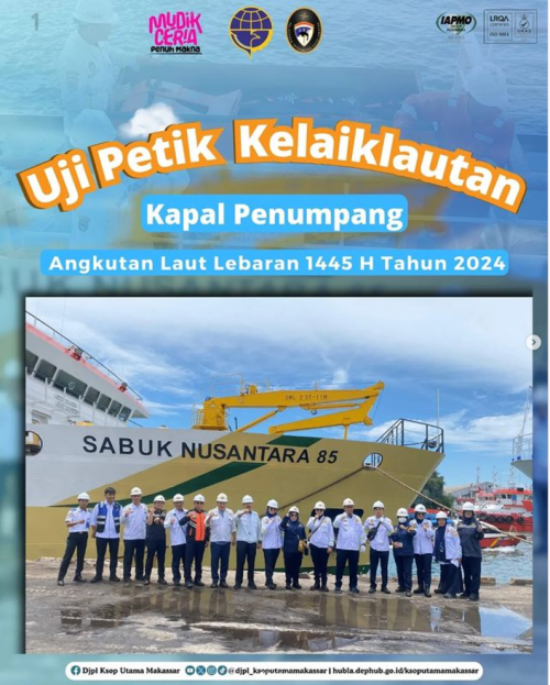 Sebagai persiapan Angkutan Lebaran Tahun 2024, Direktorat Jenderal Perhubungan Laut Kementerian Perhubungan melaksanakan uji petik kelaiklautan kapal penumpang sejak 20 Februari 2024 sampai 15 Maret 2024 sesuai dengan pembagian penanggung jawab total sebanyak 13 kapal yang sudah di uji petik di pelabuhan Makassar.