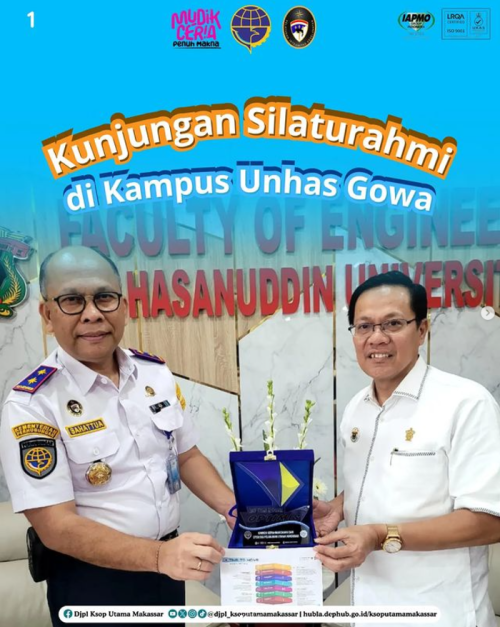 Kepala Kantor Kesyahbandaran dan Otoritas Pelabuhan Utama Makassar, Capt. Sahattua P. Simatupang, M.M., M.H., CGCAE mengadakan kunjungan silaturahmi di kampus Teknik Unhas Gowa disambut oleh Dekan Fakultas Teknik Unhas Prof. Dr. Ir. Muhammad Isran Ramli, ST., MT di ruangan kerjanya.