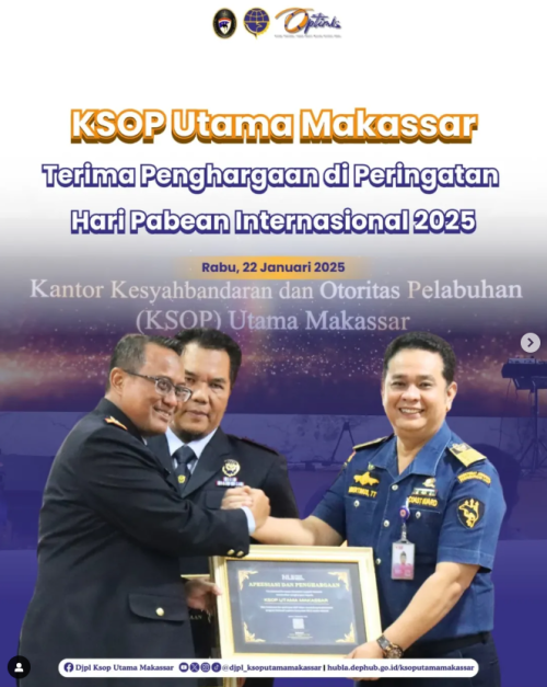 Kantor Kesyahbandaran dan Otoritas Pelabuhan Utama Makassar menerima penghargaan dari Direktorat Jenderal Bea dan Cukai Sulawesi Bagian Selatan dalam peringatan Hari Pabean Internasional 2025.  Acara ini dihadiri oleh Plh. Kepala Kantor Libertinus T. Tampubolon dan Kabag TU Hasanuddin, bertempat di Gedung Keuangan Negara, Makassar, Rabu (22/1/2025).