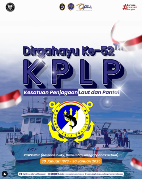 Keluarga Besar Kantor Kesyahbandaran dan Otoritas Pelabuhan Utama Makassar mengucapkan Dirgahayu ke-52 Tahun Kesatuan Penjagaan Laut dan Pantai (KPLP). Terima kasih atas dedikasi dan pengabdian dalam menjaga laut dan pantai Indonesia. Semoga KPLP semakin tangguh, profesional dan sukses dalam setiap tugas.