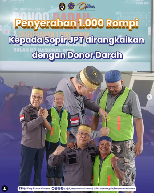 KSOP Utama Makassar Apresiasi Pelindo dan Ikut Donor Darah di Bulan K3  Kepala KSOP Utama Makassar, Capt. Sahattua P. Simatupang, mengapresiasi Pelindo atas pemberian 1.000 rompi safety bagi sopir JPT di Pelabuhan Makassar dalam peringatan Bulan K3 Nasional 2025, Jumat, 31 Januari 2025. Ia menegaskan bahwa rompi ini penting sebagai identitas dan keselamatan kerja di area pelabuhan.