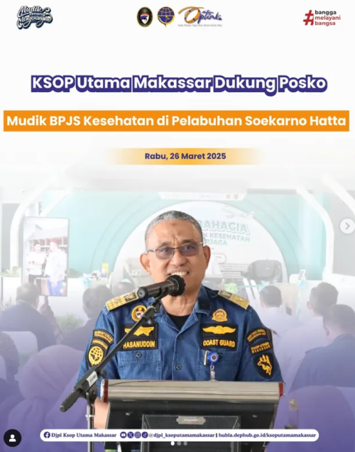 KSOP Utama Makassar mendukung kehadiran Posko Mudik BPJS Kesehatan di Pelabuhan Soekarno Hatta Makassar untuk membantu pemudik Lebaran 2025. Posko ini menyediakan pemeriksaan kesehatan gratis dan pijat relaksasi guna memastikan kondisi pemudik tetap prima selama perjalanan.