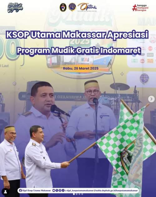 Kepala KSOP Utama Makassar Capt. Sahattua P Simatupang menghadiri pelepasan 400 peserta Mudik Bareng Klik Indomaret di Pelabuhan Makassar yang dilepas oleh Wali Kota Makassar, Munafri Arifuddin, beliau mengapresiasi sinergi antara pemerintah, Pelindo, dan pihak swasta dalam melayani masyarakat.Rabu (26/3/2025).