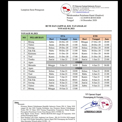 Jadwal KM. TATAMAILAU 26 Des - 10 Jan 2021